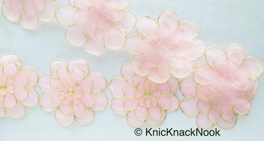 Blue / Pink / Red And Gold Layered Flowers, Cut work Tissue Trim, 3-D Flower Trim